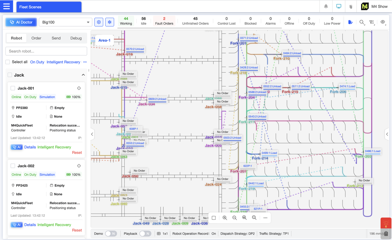 Overall Dispatch Operation Interface: The top section features a scene-switching dropdown menu and robot/scene status statistics. Robot cards are vertically arranged on the left for intuitive viewing of key robot information. The central map area displays the overall scene layout, real-time robot locations, task execution paths, and zones. The bottom status bar presents core dispatch parameters. Gain comprehensive oversight of the entire dispatch status.