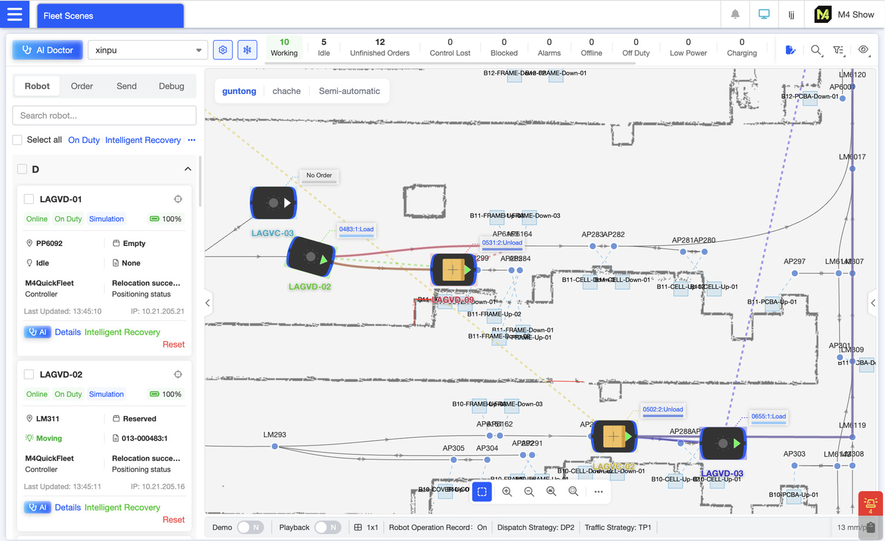 Zooming in on the map within the dispatch overview interface reveals more detailed robot transport status. Each robot displays an arrow indicating its forward direction. Robots operate in either empty or loaded states. Upon completing a pickup, a cargo marker appears on the robot, represented in the map as yellow cargo. While executing a delivery order, the card in the robot's upper-right corner displays the current order number being processed.