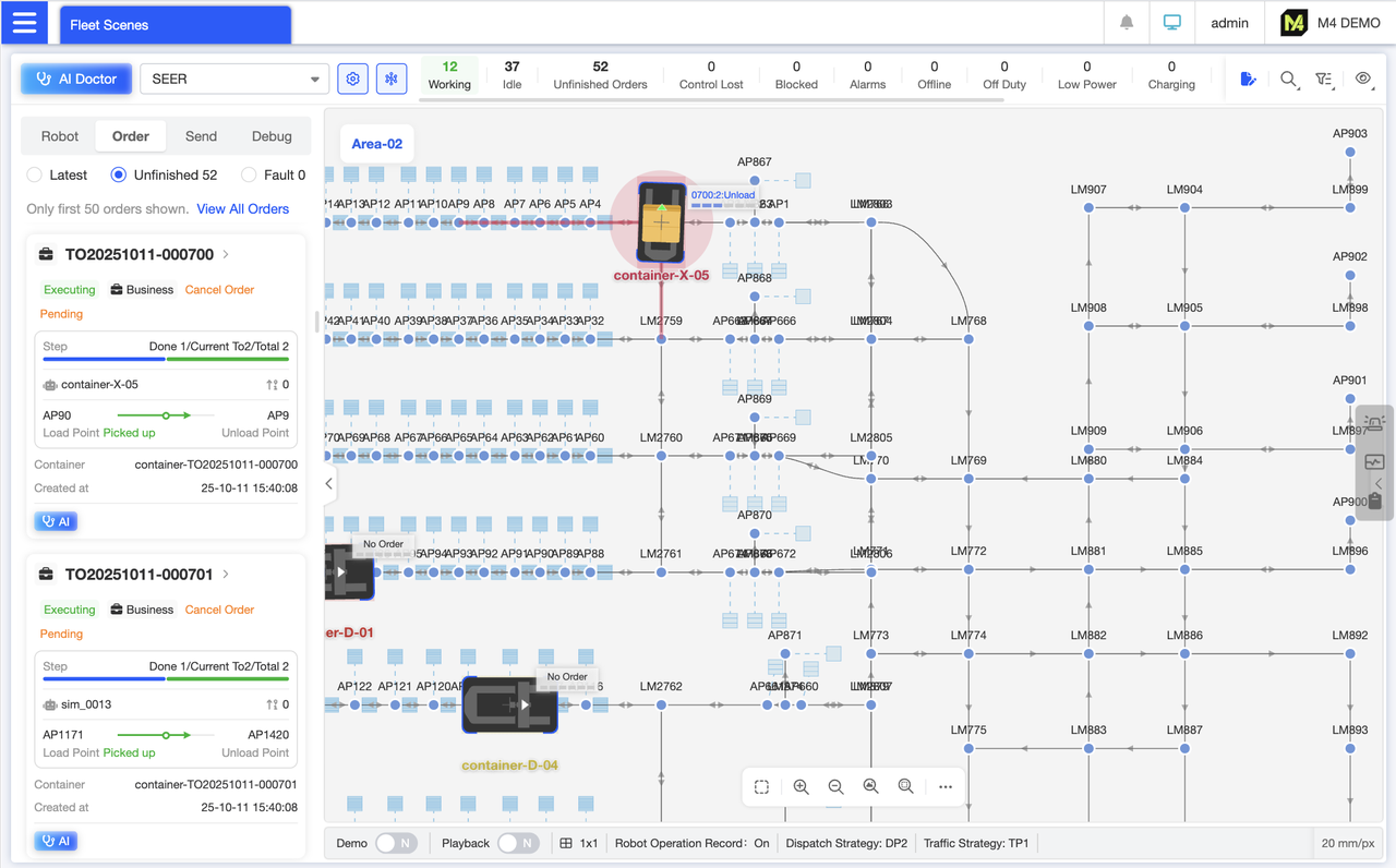 Uncompleted Delivery Order Card List: View real-time delivery order execution status, current step, pickup/drop-off target locations, and other key details. Quickly track core information for pending orders without clicking into details. Supports order cancellation, suspension, and instant access to AI diagnostics for this order.