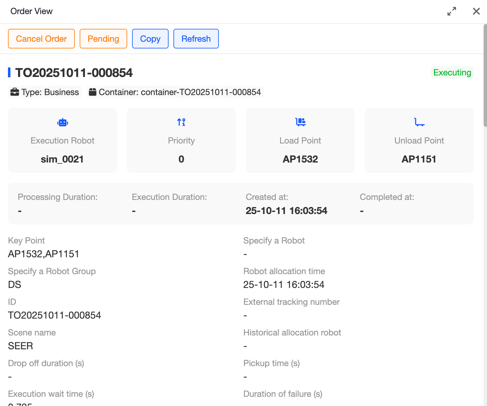 Order Details Page Comprehensively displays the entire waybill process, including order number, current status, order time, order type, pickup/delivery locations, and more. This enables you to fully trace the order execution process and quickly pinpoint issues.Click the top action buttons to cancel, suspend, or duplicate the order.