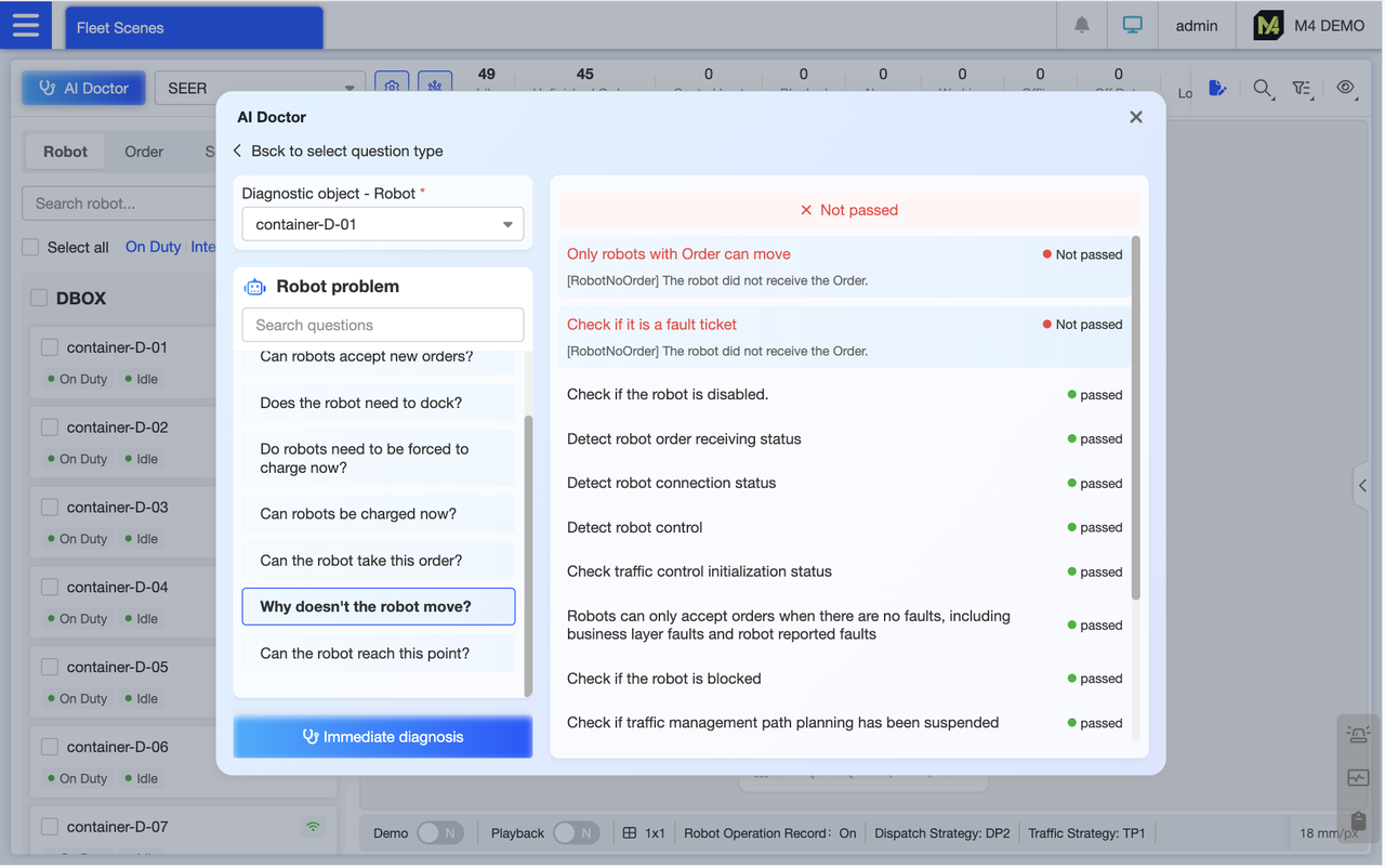 To diagnose robot issues using AI, simply select the robot and problem to diagnose. The system automatically detects key conditions relevant to the issue, presenting results as “Pass/Fail” for intuitive visualization. It also highlights specific reasons for failures and provides repair guidance.