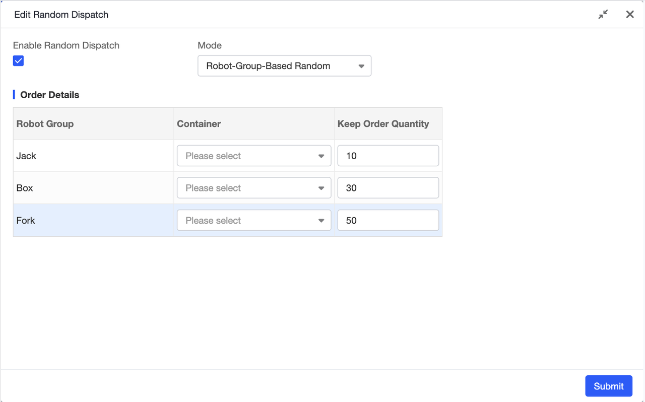 Assign tasks randomly to robot groups. Customize task volumes for each group to simulate varying workloads. The system automatically replenishes tasks for each group to maintain consistent workloads.