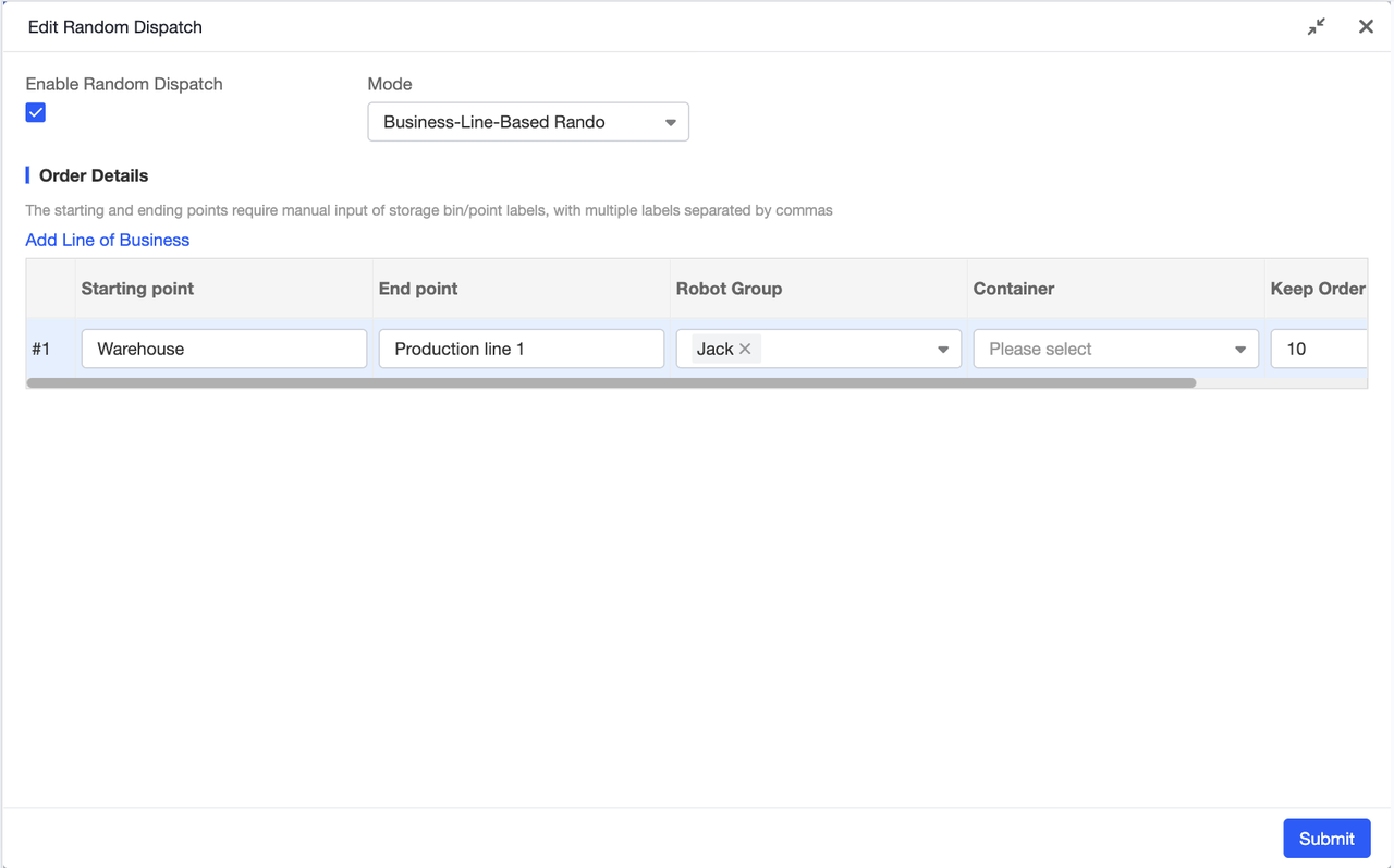 Randomly generate orders by business line. Enter the start and end labels for each business line to simulate task scenarios across different lines: input business line labels (e.g., “Inbound Line,” “Outbound Line”), and the system automatically matches corresponding start and end points to generate tasks. This accurately replicates real-world business scenarios, making it ideal for stress testing before launching new scenarios. You can also specify multiple labels at once—just separate them with commas for quick and convenient setup.