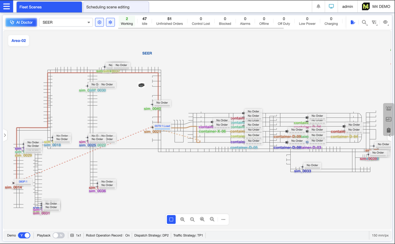 Demo Mode: Designed for exhibition settings, this feature automatically switches the interface perspective to monitor each robot's operation. Once activated, the scene locates and zooms in on an active robot, then transitions to another active robot, and so on. Ideal for visually demonstrating the system's overall performance to clients at trade shows.