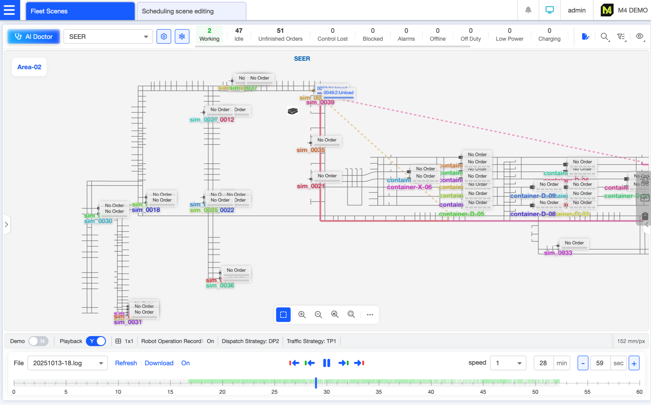 The system supports recording operational scenarios and enables playback review. Playback features two timelines: one for robot movements and another for alerts. Users can quickly switch between the previous/next frame of robot activity or alerts via buttons. Common functions like playback speed adjustment and time jumping are supported. During playback, users can drag the timeline to locate any moment, clearly displaying the robot's position, order status, and abnormal events at that time, facilitating the tracing of issue occurrence processes.