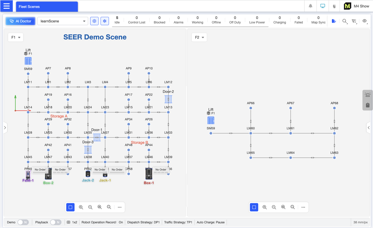 Map split-screen view enables side-by-side comparison of performance across different zones. For example, monitor the first floor on the left while viewing the second floor on the right to contrast robot density, order progress, and congestion levels across areas.