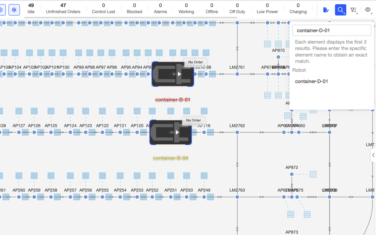 Searching for map elements allows you to find points, paths, and other features across all scenes. After entering your search query and pressing Enter, the map will highlight the search results for easy location. If no results are found, the system will display a message indicating no search results were found.