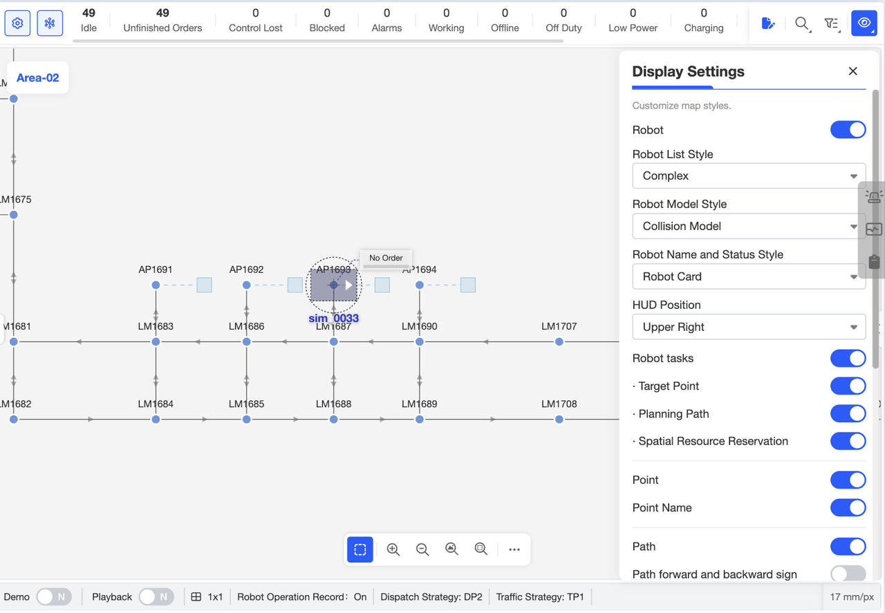 Through the display settings, you can control the visibility and styling of map elements. Customize these settings based on your priorities—whether you prefer simple robot cards or complex ones, or wish to adjust point cloud opacity. This allows the map to display only the information that matters to you, resulting in a cleaner interface.
