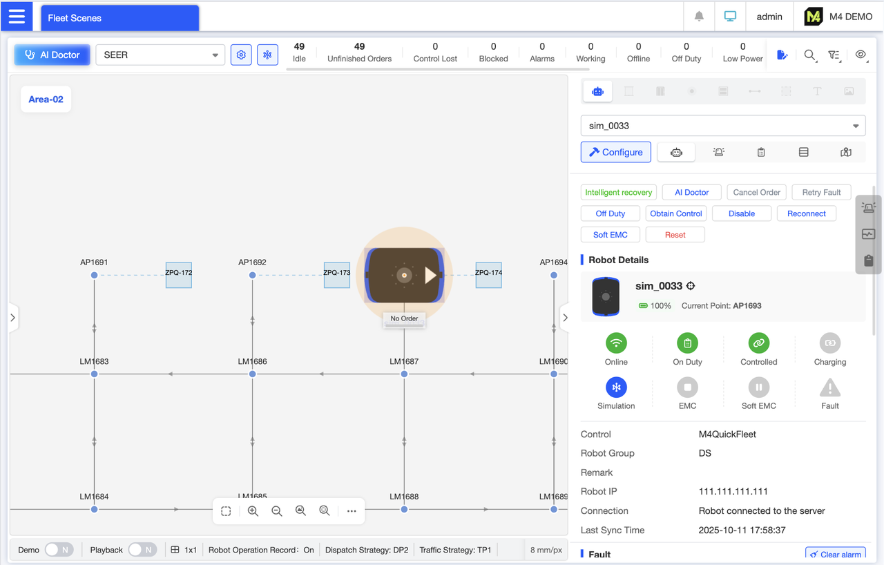 Robot Details Panel Displays real-time robot status and enables quick actions such as rejecting orders, intelligent recovery, and reset. Categorizes and shows fundamental information including robot storage locations, alerts, and positions. Clicking category icons allows instant navigation to corresponding sections for rapid access to robot details.