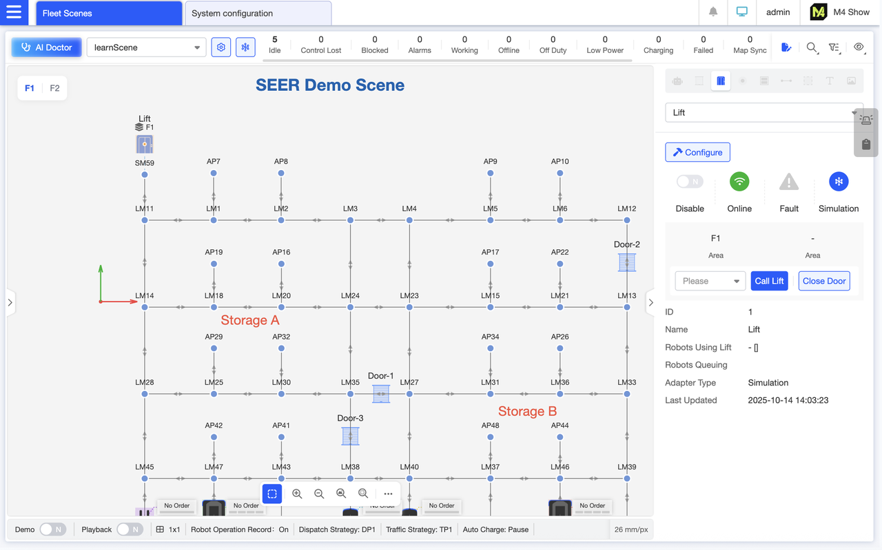 lift Details Panel: Displays lift status (online, malfunction) and basic information. Enables remote control via buttons to call the lift to a specific floor or close its doors, eliminating the need for on-site operation and improving dispatch efficiency.