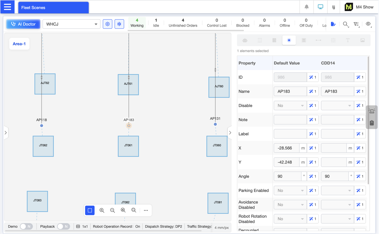 View the properties of a single point. Property names and values are displayed in a tabular format, with default values and robot group values shown in separate columns. The left column displays default values, while the right column lists customized values for each robot group, allowing you to visually compare whether different robot groups' values differ from the default. Additionally, units are provided as suffixes for each property.