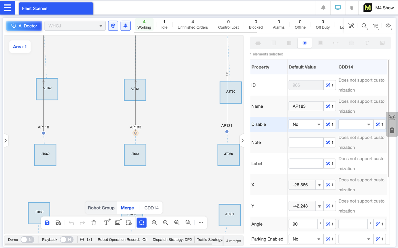 In map editing mode, when editing individual points, values can be customized for different robot groups. Attributes that cannot be customized are clearly marked, accommodating the distinct requirements of various robots.