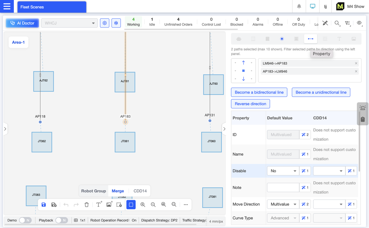 In Map Editor mode, when editing multiple paths, the crosshair selector at the top of the interface displays the direction of the selected path. You can further filter path directions by clicking. Additionally, buttons allow you to quickly convert one-way paths to two-way paths, two-way paths to one-way paths, or reverse the direction. Within the table, you can customize settings for paths across different robot groups to meet their distinct requirements. Attributes that cannot be customized will be marked accordingly.