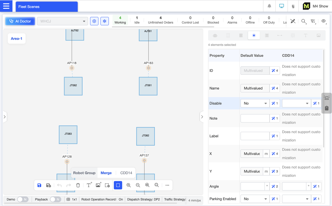 In map editing mode, select multiple points and open the element details panel. If the attribute values differ across multiple points, they will display as “multiple values.” If all points share the same attribute value, that value will be shown directly. For example, since all 7 points are not disabled, the disable attribute value is “No.” Following each attribute value is a number indicating how many distinct instances of that attribute exist across these elements. Modify the attribute value in the editable input field to batch-set the attributes for these points.
