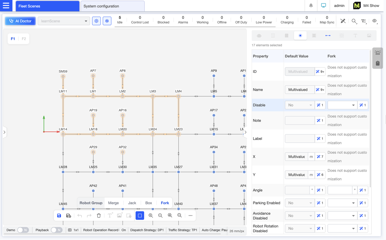 In Map Editor mode, you can directly modify point attributes for grouped maps. Switch to the “Fork” Group Map view to ensure edited point attributes apply only to the forklift group, leaving other robot groups unaffected—enabling clearer group management.