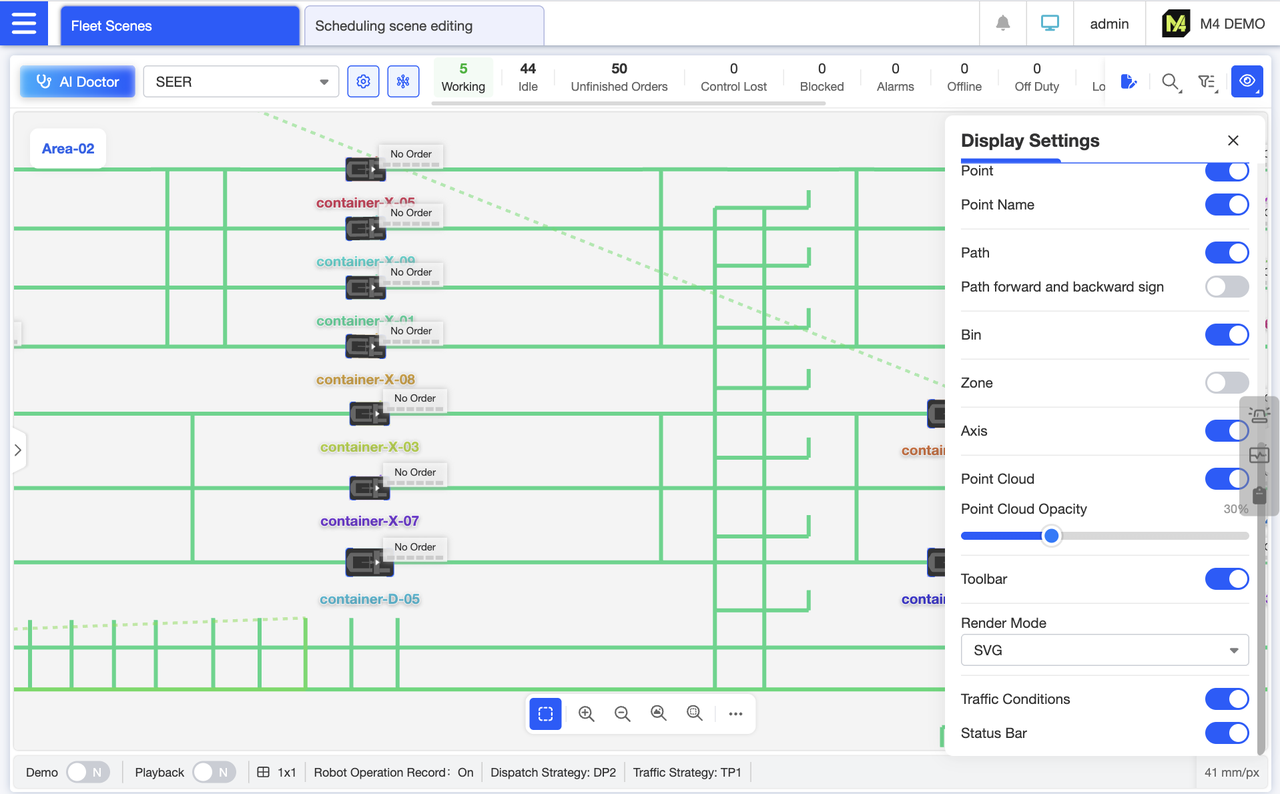 Enable real-time traffic display in the settings. The map uses color-coded paths to indicate congestion levels (green = clear / red = congested), allowing for an intuitive assessment of overall road conditions in the current dispatch scenario.