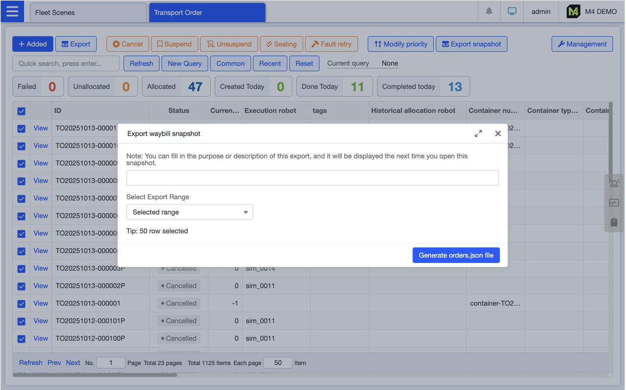 On the shipping list page, select the target shipping order, click Export Snapshot, and fill in the remarks during export for easy reference when importing. Click Generate File to export the shipping order file as a snapshot. The exported file will have the order.json extension.