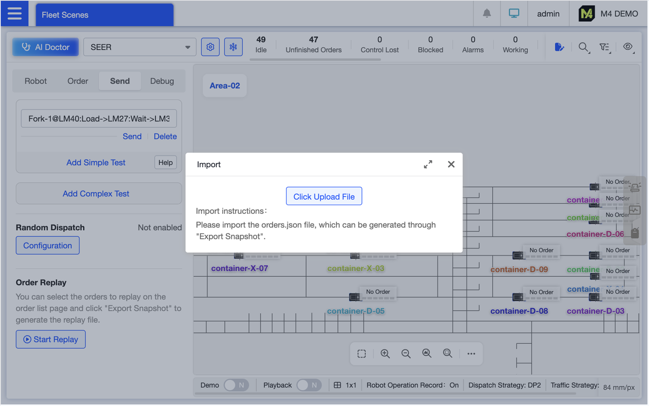 After exporting the waybill snapshot, click Start Replay in the waybill replay area at the bottom of the order page and upload the exported waybill snapshot file.