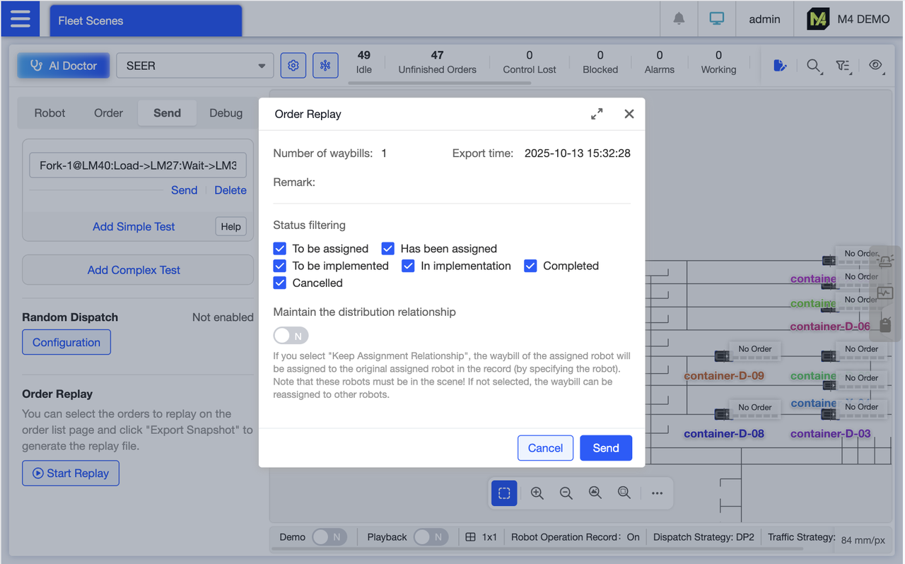 The system parses the waybill snapshot file, detects the number of waybills, export time, and remarks, and displays them on the page. Users can filter by waybill status and enable “Maintain Assignment Relationships.” When enabled, this indicates that waybills already assigned to robots will continue to be executed by those robots during replay if they are available. Clicking “Execute” generates new waybills, enabling reuse of waybill logic for debugging and verifying execution outcomes.