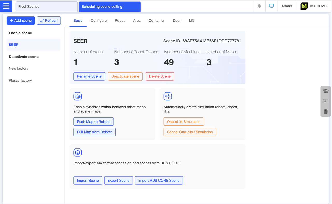 Scene Basic Information Overview: The left pane displays the complete scene list, including both enabled and disabled scenes. The central section shows scene names, scene IDs, regions, robot groups, robots, and map counts. You can also perform scene-related operations here, such as renaming, disabling, deleting, importing, or exporting scenes. Map push and pull functions are also managed here. After importing a scene, you can initiate or cancel one-click simulation directly from this section.