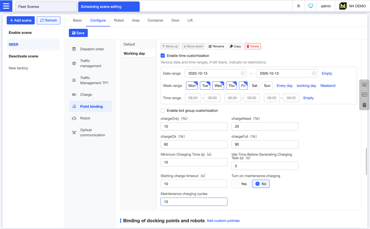 The settings on the configuration page represent the default policy. To customize settings for different times or robot groups, click “Add Custom Policy” under the corresponding configuration section on the interface. For example, you can add a weekday policy where the robot's chargeNeed is set lower from Monday to Friday, reverting to the default value on weekends. This allows the robot to have more operational time during weekdays.