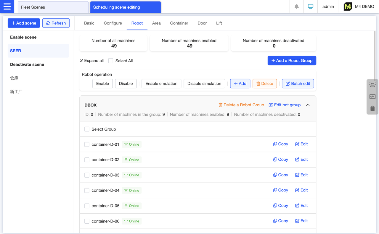 Group view displays all robots in the scene, supporting batch addition and duplication of robots. After selecting robots, click the action buttons at the top—such as “Enable” or “Disable”—to perform batch editing.