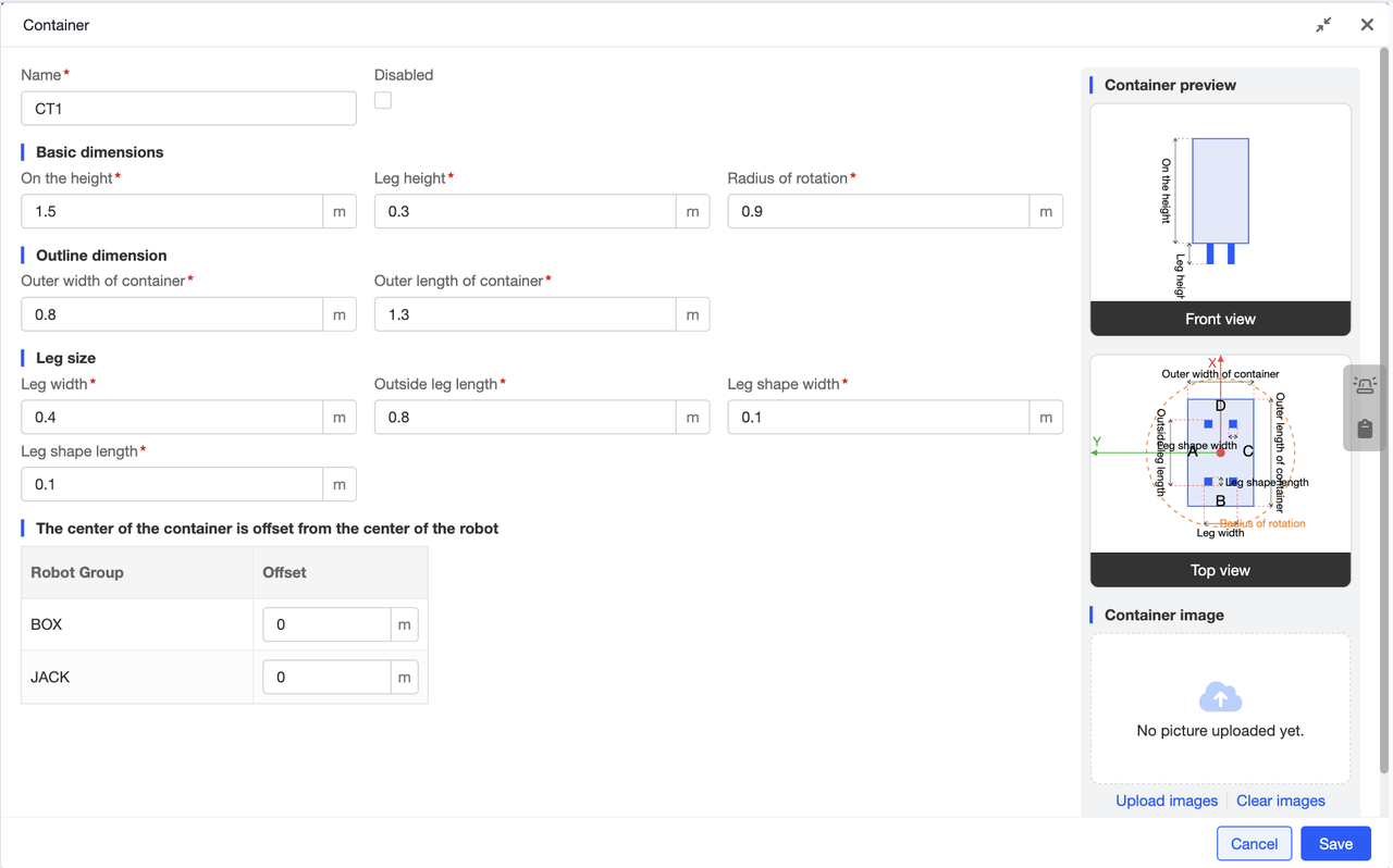 To add a container type to a scene, you need to configure the base dimensions, outer contour dimensions, and leg dimensions. Beyond these fundamental parameters, if the container is not positioned at the robot's exact center, you must also configure an offset. For ease of understanding, all configuration values include default settings, and the preview image on the right labels the meaning of each value. This visual reference makes configuration simpler. As you input configuration details, the container preview on the right updates in real time.