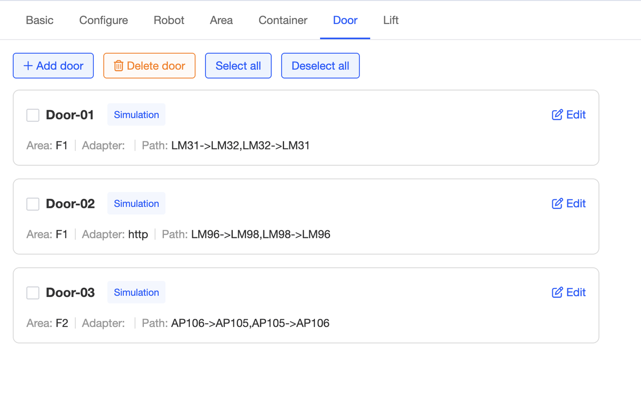 Supports configuring multiple doors within a scene. Once configured, the card displays the path and zone where each door is located. In simulation mode, doors will be marked with an identifier.