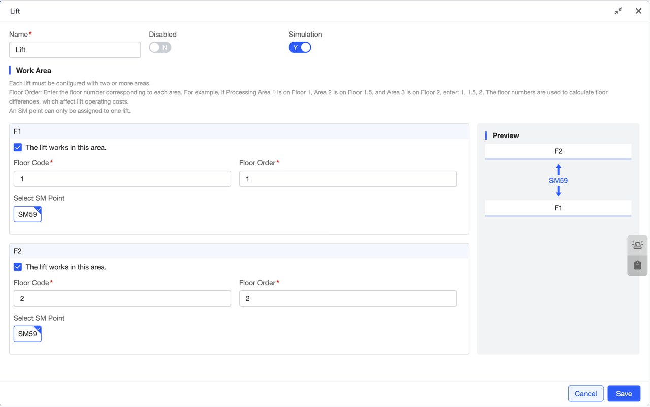 Configure lifts for the scene by selecting the area where the lift is located. Within that area, configure the lift's floor coding and floor sequence. Select the SM points for the lift within the scene. The preview on the right updates in real-time based on the configuration, simulating the actual lift distribution for a more vivid representation.