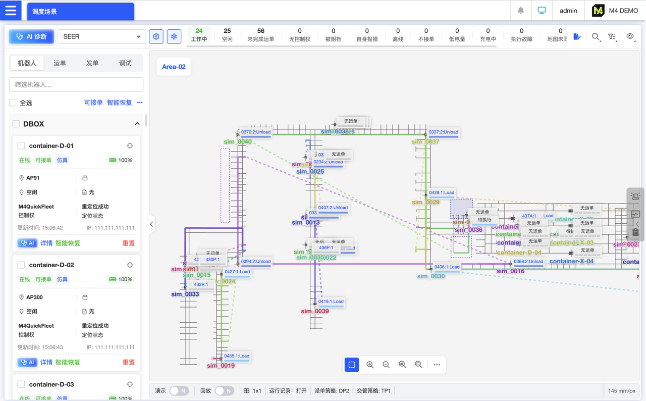 调度总体运行界面：顶部为场景切换下拉框和机器人、场景状态统计栏；左侧机器人卡片纵向排列，直观查看机器人关键信息；中间的地图区域显示场景整体的分布、机器人实时位置、任务执行路径及区域；底部状态栏呈现调度核心参数。全局掌握整体调度状态。